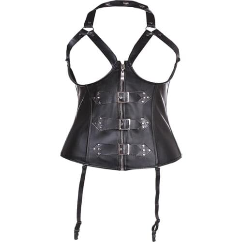 Fiber win Wholesale Black Steam Punk Leather Open Bra Corset Bustier Sexy Lingerie Hot Women Lace Up Corset Tops Thong