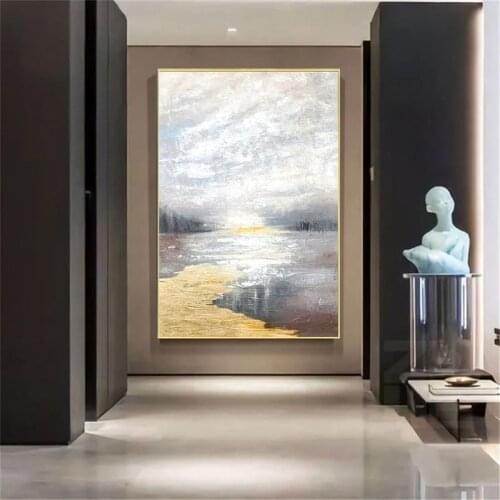 Hand Painted Beautiful Oil Painting Abstract Landscape Sunrise River Canvas Painting Art Living Room Decorations Art No Frame