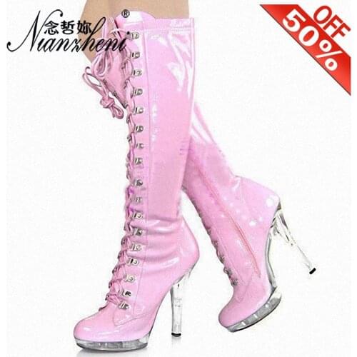 13cm High heeled shoes Lace Up Crystal Thin heels Patent leather 5 inches Thigh high boots Trend Sexy Fetish Fashion Pole Dance
