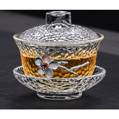 Creative Tea Bowl 110ml Glass Gaiwan Chinese Kung Fu Tea Set Teaware Silver Flower Cup with Lid Saucer Kit Home Drinkware Crafts