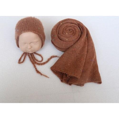Newborn Knit Wrap and Bonnet Photography Props Set Crochet Baby Mohair Hat Handmade Dots Wrap Layer Baby Swaddle Blanket Props
