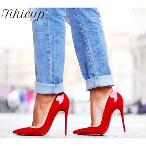 Tikicup 8cm 10cm 12cm Women Solid Basic Patent Pointed Toe High Heel Pumps 9 Colors Elegant Ladies Wedding Stiletto Shoes 33-45