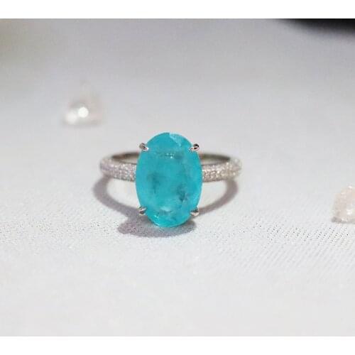 QTT Anniversary Gift Jewelry Paraiba Emerald Tourmaline Gemstone Engagement Ring 925 Sterling Silver Ring for Women Wedding