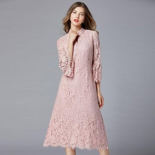 L - 5XL Plus Size Dress Women Vintage Stand Collar Elegant Lace Dress Flared sleeve improved Chinese cheongsam A-line skirt