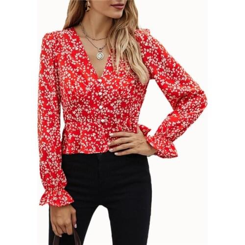 2020 New Arrival Women Tops Casual V-Neck Long Sleeve Blouse Spring Summer Chiffon Floral Shirt