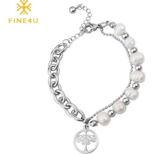 FINE4U B184 Tree Of Life Charm Bracelet Pearls Beaded Bracelets Stainless Steel Figaro Link Chains Jewelry