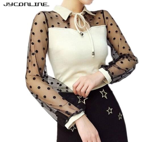 JYConline Black Dot Mesh T Shirt Women Long Sleeve Slim Tops Tees See Through Sexy Streetwear T-Shirt Female Elegant Cropped Top
