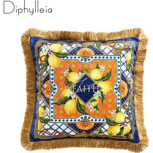 Diphylleia Pastoral Style Cushion Case Exquisite Luxury British Garden Accent Lemon Tree Decorative Pillow Covers With Tassel