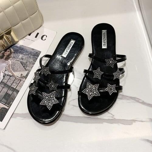 Home Summer Slippers Women Korean Version of The New Sequined Star Rhinestone Slides Women Flat-bottomed Outer Wear