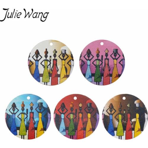 Julie Wang 5PCS 30mm African Women Charm Wood Round Cartoon Pattern Pendant Bracelet Necklace Jewelry Making Accessory