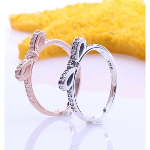 Free shipping 2020 Authentic 925 Sterling Silver Rings Sparkling Bow Rose silver European Original Ring For Women DIY Jewelry