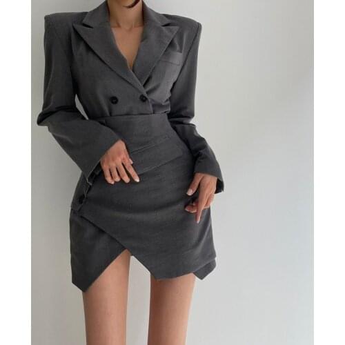 Womens Elegant Two Piece Sets Solid Notched Collar Double Breasted Long Sleeves Blazer Wrapping Asymmetric Mini Skirts 2021