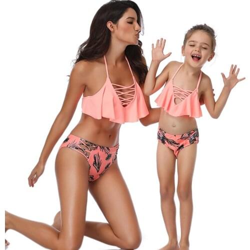 Pudcoco 2019 New Family Matching Swimwear High Waist Pink Floral Bikini Kids Baby Girls Swimsuit Padded Monokini Bathing Suit