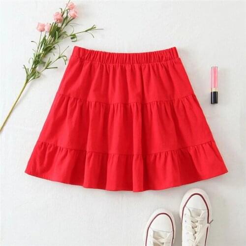 Merodi Women Elegant Elastic High Waist Summer Cotton Red Mini Skirts Female Casual A-Line Solid Pleated Chic Short Skirt
