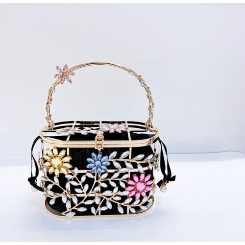 Fashion Trendy Shinny Rhinestone Evening Bags Fancy Diamond Clutch Purses Flower Pattern Bucket Crystal Cage Handbag