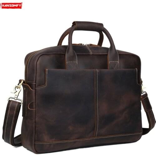 Retro Crazy Horse Leatehr Mens Briefcase Large Capacity Handbags 16" Laptop Crossbody Shoulder Bag Genuine Leather Travel Bags
