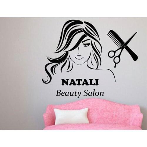 Hairdresser wall stickers decorative beauty long hair scissors comb salon wall decals vinyl DIY mural wallpaper MF013