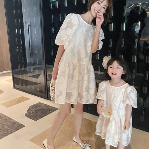 New 2021 Summer Family Look Mother Daughter Dress Bubble Sleeve Dress Clothes Family Matching Outfits Clothes