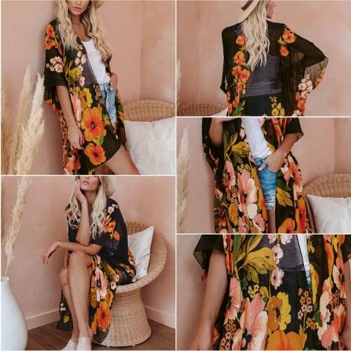 New Arrival Women Floral Short-Sleeved Chiffon Beach Sunscreen Blouse Top Party Beach Sunscreen Loose Casual Printed Clothes