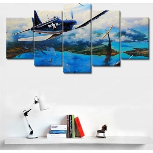 Poster 5 Panel Oil Painting Old Air Fighter Blue Sky White Cloud Nordic Living Room Home Decoration Wall Art