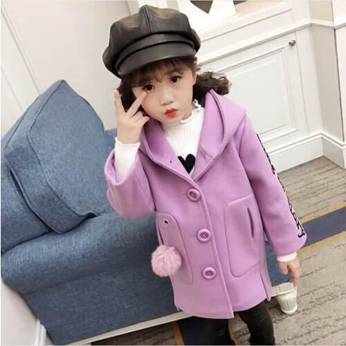 Girls' woollen coat fashion childrens hooded trench coat 2-13 years old Good quality