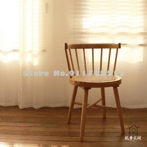 Nordic solid wood rattan backrest home dining chair surrounding chair makeup chair designer simple single retro study table and