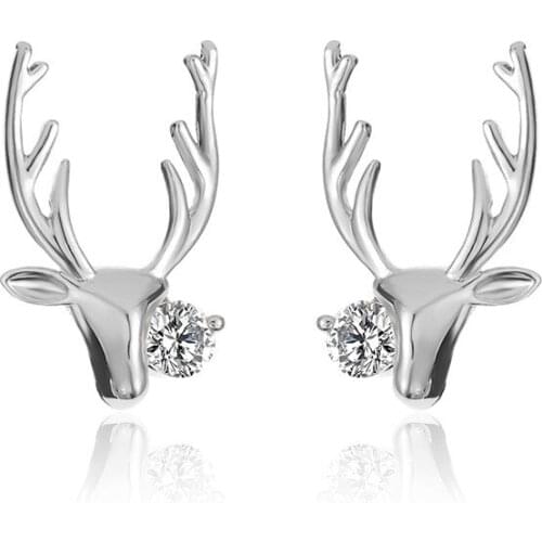 Special Designed Shiny Clear Zircon Deer Head Vivid Anlter Christmas Gift Exaggerated Golden Silver Plated Stud Earrings Women