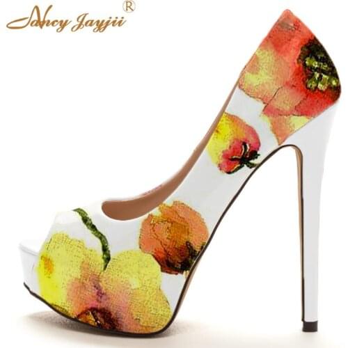 Supperstar High Heels Flower Pumps Women Sexy Platform Shoes Peep Toe Dress Party Autumn Footwear Spiral Ladies Shoes Big Size