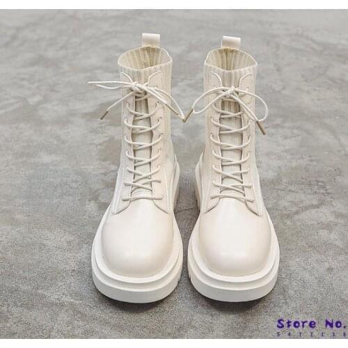 Spring Boots Women Shoes Woman Boots Fashion Flat Round PU Ankle Boots Spring Elastic Lace Black Beige Boots Comfortable Boots