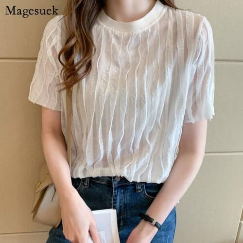 2021 Summer Loose O Neck Women Shirts Fashion Pleated Short Sleeve Women Blouse and Tops Casual Female Clothing Blusas 14348