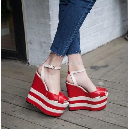 Women New Leather Platform Wedge Sandals Fashion Stripe Mixed Color Super High Heel Peep Toe Sandals Lady Large Size Party Shoes