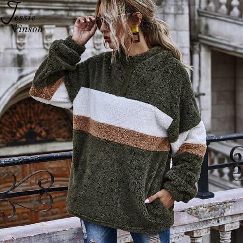 Jessie Vinson Warm Fleece Hoodie Sweatshirt Women Color Block Pullover Hooded Sweatshirt Teddy Zipper Sweatshirt Winter Outwear