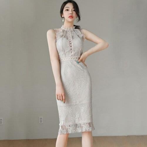 Sexy Lace Bodycon Dress 2021 Summer Women Sleeveless Office OL Work Slim Waist pencil Dress Vestidos