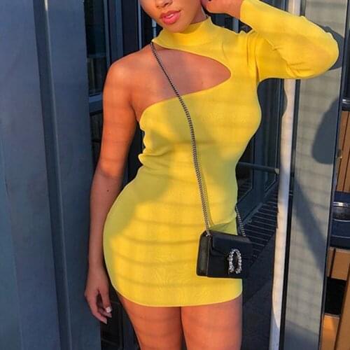 2020 Fahshion Streetwear Yellow One Shoulder Long Sleeve Slim Dresses Lady Party Club Elegant Sexy Irregular Solid Vestidos Hot