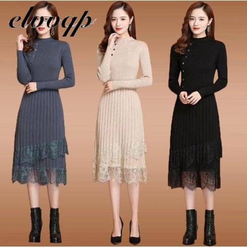 Autumn New Casual Winter Dress Turtleneck Knitted Cashmere Thick Sweater Dress Warm Women Lace Patchwork Dress Pullover Female