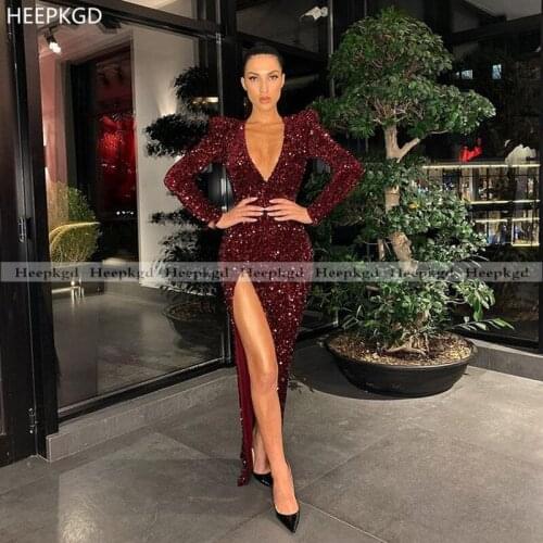 Sparkly Burgundy Evening Dress Long Sleeve High Slit Sexy Sequin Party Dresses Plus Size Arabic Women Formal Occasion Gown
