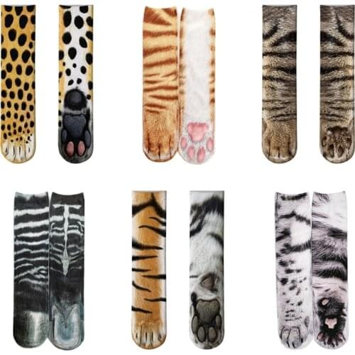 1 Pair Animal Paw Crew Socks Unisex Adult 3D Print Kitty Tiger Zebra Leopard Funny Novelty Stockings for Women Men Gifts