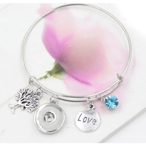18mm Snap Jewelry Birthstone Life Tree Love Tag Charm Bracelets Wire Expandable Bangle Snap Bracelet for Women gift pulsera