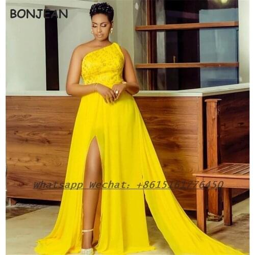 2021 Yellow Evening Dress A Line One Shoulder Floor Length Split Elegant Plus Size Evening Prom Party Gowns