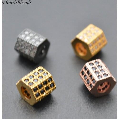 7x7mm Paved CZ hexagon Tube Cylinder Metal Copper Spacer Loose Beads Jewelry Findings 10pc per lot