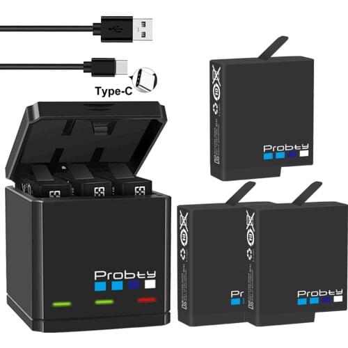 Probty for GoPro Hero 7 Hero 6 Hero 5 Battery 1680mAh + USB Triple Charger Type C for GoPro Hero 7 6 5 Black Cameras