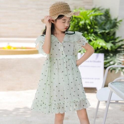 Kids Girls Dress Chiffon Princess Dress Girl Lace Sweet Ruffle Print Evening Party 2020 Summer Dress Children Clothes 4-14Y