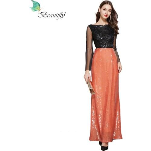 2021 Long Elegant Beautifly Maxi Sexy Sequin Dress Black&Orange Floor-Length Zipper Back Prom Dresses