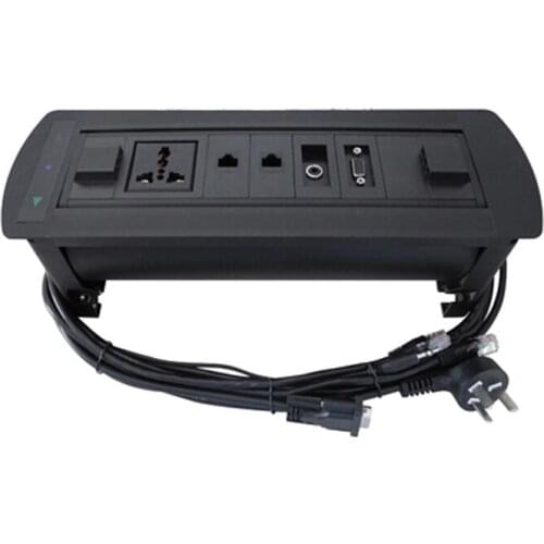 Electric Tabletop Manual Flipping Revolving Socket Retractable Power Strip with 1 universal outlet+2 Networks+3.5 Audio+ 1VGA
