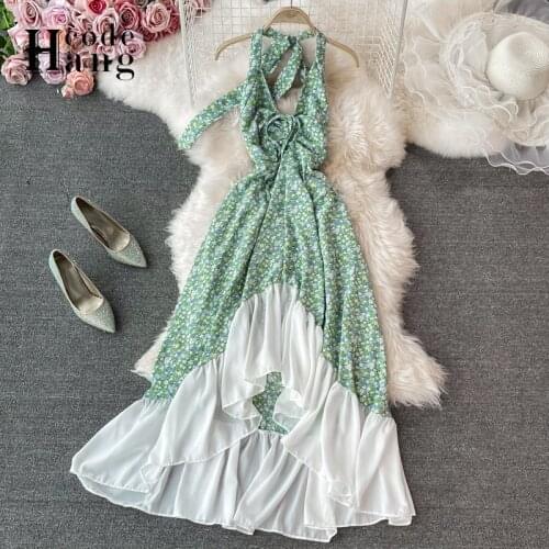 HangCode Sexy Halter Backless Floral Print Summer Women Beach Chiffon Dress Vintage Romantic Ruffles Big Swing Long Party Dress