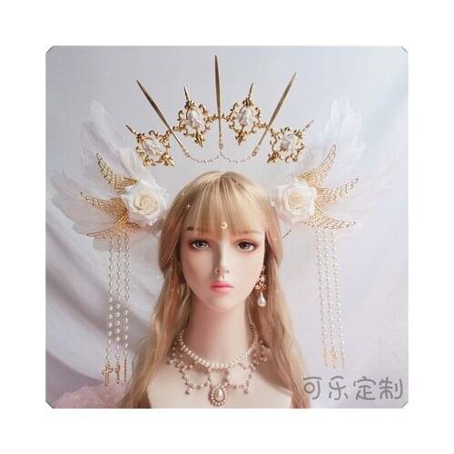 KC Crown Headwear White Angel Feather Wing Virgin Mary Bead Chain Baroque Wedding Tiara Gold Halo Lolita Gothic Hair Accessory