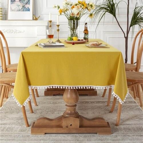 Korean Style Solid Color Tablecloth High-Grade Washed Cotton Yellow Christmas Table cloth White Ball Tassel Tea Table Cover