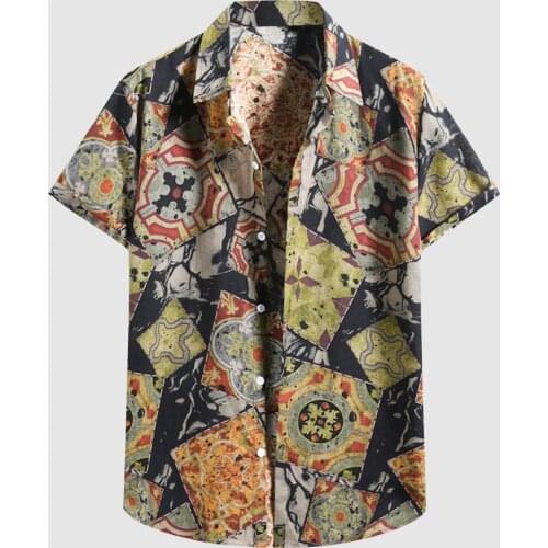 60# Streetwear Mens Casual Bohemian Fashion Print Plus Size Shirt Short Sleeve Turn-down Collar Hawaiian Shirt Camisa Masculina