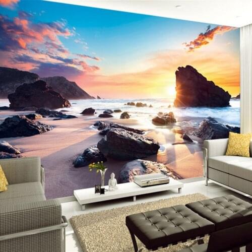 Custom Mural Wallpaper Sunset Sea View Sunny Beach Stone 3D Photo Background Wall Papers Home Decor Living Room Wall Painting