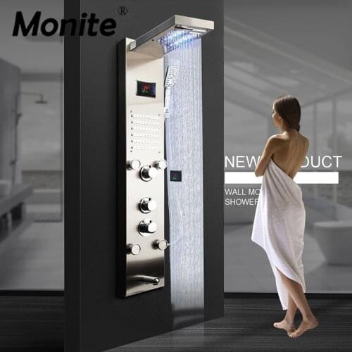 Monite Nickel Brushed Digital Display Shower Panel Column LED Rain Waterfall Shower Spa Jets Bath Dark Grey Shower Mixer Faucet